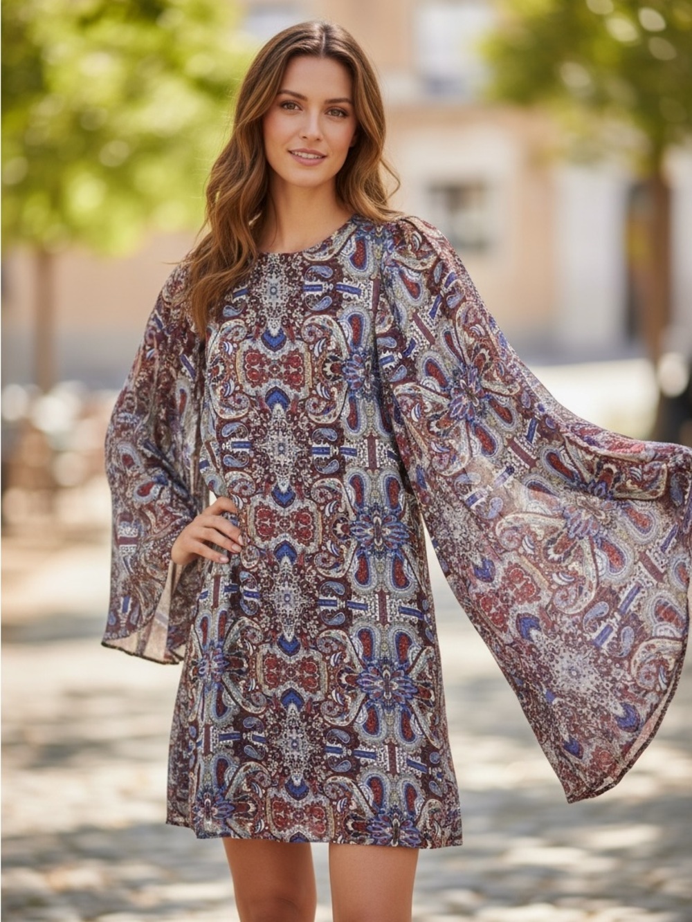 Fire Los Angeles M Paisley Print Bell-Sleeve Mini Dress